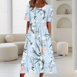 Casual Dresses Summer Dress O-Neck Short Sleeve Pleated Midi Pockets Loose Hem Women Floral Print A-Line Holiday Daily Clothing