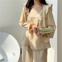 Women's Sleepwear Ins Autumn Sweet Wear Out Princess Pyjamas Set Kawaii Loli Korean Long Sleeve Simple Plaid Elegant Casual