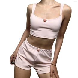 Women's Tracksuits Lairauiy Women's Y2K 2 Piece Summer Outfits Set Cute 3D Rosette Backless Crop Tank Tops High Waist Shorts Loungewear