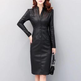 Casual Dresses 2023 Fall Winter Plus Size Velvet Dress Korea Fashion Women Sexy Knee-length Long Sleeve Zip Pu Leather Bodycon