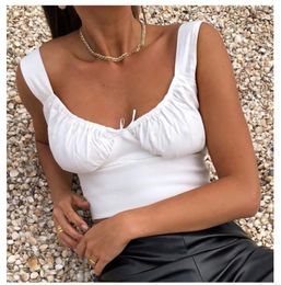 Women's Tanks French Style Milkmaid Crop Tops Summer Solid White Ruched Bow Slim 2023 Ladies Wide Strap Tees Skinny Camisole