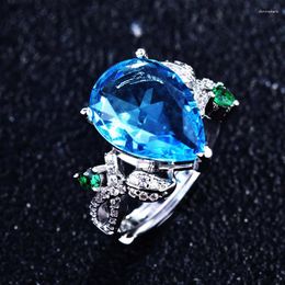 Wedding Rings Vintage Inlay Blue Water Drop Luxury Jewellery Adjustable Opening Women's Engagement Eternity Dainty Ring