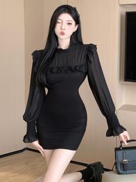 Casual Dresses Women Sexy Knitting Patchwork Slim Fit Dress 2023 Winter French Sweet Temperament Female Solid Colour Mesh Stitching Frill