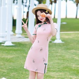 Ethnic Clothing Pink Green Chinese Style Cotton Cheongsam Short Sleeve Slim Women Dress Embroidery Qipao S To 3XL S2111
