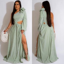 Casual Dresses Sexy Fashion Long Sleeve High Waist Corset Bohemian Vacation Dress Summer Women Elegant Stripe One Shoulder Floor Length