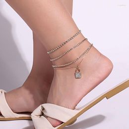 Anklets Fashion Multilayer Chains Rhinestone Lock Charm For Women Punk Geometric Beach Anklet Yoga Foot Ornaments Jewelry Gift