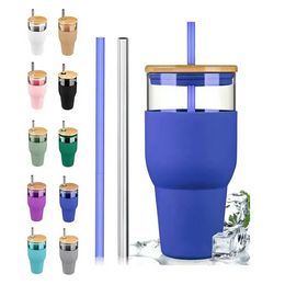 32oz Glass Mugs With Silicone Sleeve Cover 32OZ Glass Tumblers with Bamboo Lid and Plastic Straw JN24