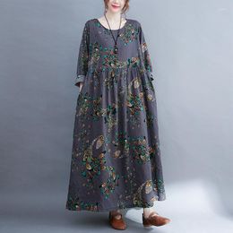 Casual Dresses Long Sleeve Cotton Vintage Print Gray Women Loose Ladies Dress Elegant Robe Femme Clothing Spring Autumn 2023 WD29