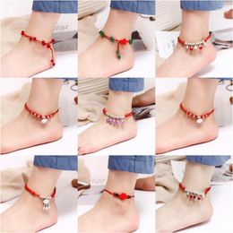 Anklets Fashion Simple Hand-Woven Red Rope Bell Anklet Female BOHO Ethnic Style Leisure Beach Holiday Jewelry Gift Wholesale