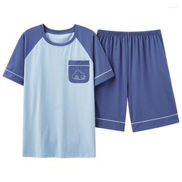 Men's Sleepwear Summer Fashion Men Soft Cotton Pyjamas Set L-3XL Blue Pijamas Elastic Short Sleeve Shorts Homewear For Young