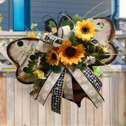 Decorative Flowers Summer Butterfly Shape Sunflower Wreath Front Door Hanging Decoration Garland With Bow Wall Window Decorations