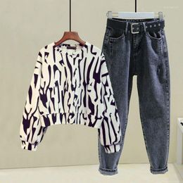 Women's Two Piece Pants Ladies Korean Pieces Set Casual Autumn Printed Long Sleeve Top Harem Denim Pant Suit Female Vintage Jeans Q682