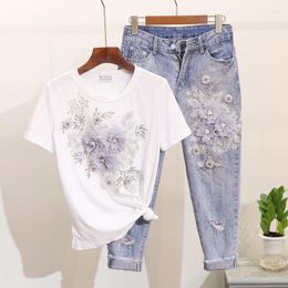 Women's Tracksuits Women Sequined Beaded 3D Flower Cotton T-Shirt Calf-Length Jeans Clothing Sets Summer Mid Suits