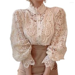 Women's Blouses Women Blouse Decorative Hollow Out Replacement Lace Long Sleeve Stand Collar Loose Shirt Top Clothes Birthday Gift S