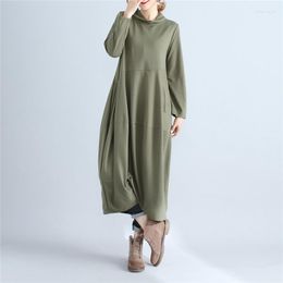 Casual Dresses Women Turtleneck Dress Brief Spring Autumn Long Sleeve Pullover Loose Robe Cotton Soft Female