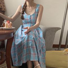 Casual Dresses Korean Chic Summer French Romantic U Collar Color Bump Plaid Lace-up Waist Slimming Sleeveless Vest Dress Female