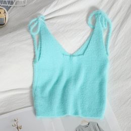 Women's Tanks Cottons Camis Basic Tops For Women 2023 Winter Velvet Crop Knitted Drawstring Tank