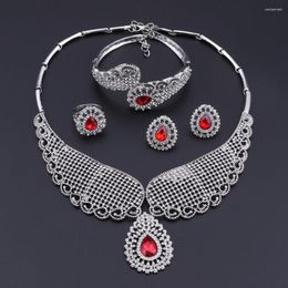 Necklace Earrings Set OEOEOS Wedding Bridal For Women Red Silver Color CZ Rhinestone Vintage Dubai African Beads Jewelry