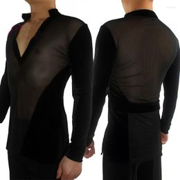 Stage Wear Latin Dance Top Male Sexy V-Neck Black Mesh Seethrough Shirts Cha Rumba Samba Tango Salsa Performance DNV12053
