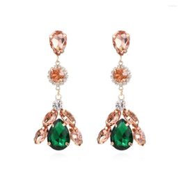 Dangle Earrings Korean Trendy Long Emerald Glass Flower For Women 2023 Shinny Metal Crystal Pendant Hanging Jewellery