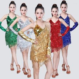 Stage Wear Woman Sequin Tassel Latin Dancing Dress Fashion Dance Suspenders Sequined Fringed Skirt Tango Costumes