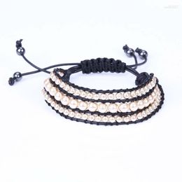 Strand 3 Rows Black Leather Bracelet Gold Glass Beads Women Or Men Jewellery Party For Gifts