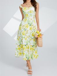 Casual Dresses Women Floral Long Dress Summer Tie-up Spaghetti Strap A-line Bohemian Chic Retro Fairycore Y2K Clothes