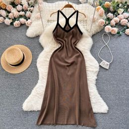 Casual Dresses Maxi Long Summer Backless Elegant Sweet Chic Y2K Vintage Beach Korean Girl Festa Halter Patchwork Criss Cross