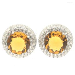 Stud Earrings 20x20mm Delicate Fine Cut Golden Citrine Smoky Topaz White CZ Wedding Daily Wear Gift Silver