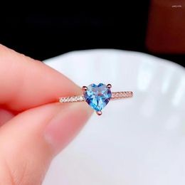 Cluster Rings Heart Style Blue Topaz Gemstone Ring For Women Real 925 Silver Gold Plated Certified Natural Gem Design Birthday Gift