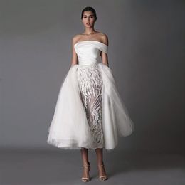 Stylish Overskirt Sheath Wedding Dresses Beaded Off The Shoulder Short Beach Bridal Gowns Tea Length Satin Vestido De Novia248K