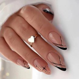 False Nails 24Pcs Black French Fake Almond Glitter Design Full Cover Press On Fingernails Tips Women Lady Artificial Acrylic Nail