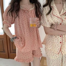 Women's Sleepwear Cotton Crepe 3 Colours Pyjamas Women Spring Summer Love Print Homewear Set Simple Fresh Two Piece Female Home Suits