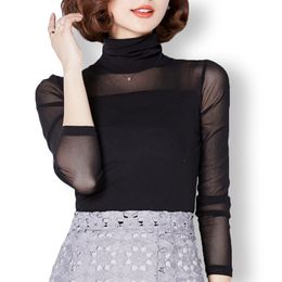 Shirt Tops Sexy Black Lace Blouse Women Turtleneck Shirt Elastic Ladies Tops Womens Casual Blouses Solid