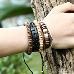 Charm Bracelets Simple Retro Set Leather Bracelet For Men Woven Cowhide Coconut Shell Men's Rope Genuine Jewellery