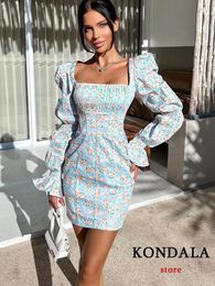 Casual Dresses KONDALA Vintage Flower Print Sheath Mini Party Dress Women Long Petal Sleeve Corset Sexy Fashion 2023 Holiday Vestidos