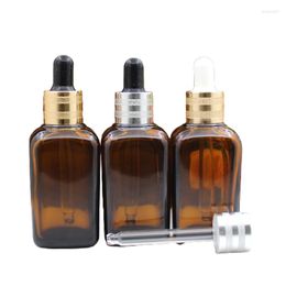 Storage Bottles 50ML Amber Square Dropper Bottle Glass Drop Pipette Cosmetic Refillable Essential Oil 10pcs