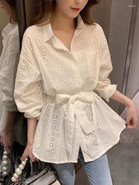 Women's Blouses Women Tops Shirts Hollow 2023 Summer Loose Unique Short-sleeved Irregular Three-quarter Sleeve Casual Lace White Blouse