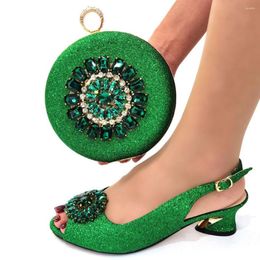 Dress Shoes OLOMM Green Colour Matching Women Shoe And Bags Set Decorated With Rhinestone African Bag For Party ! LH1-12