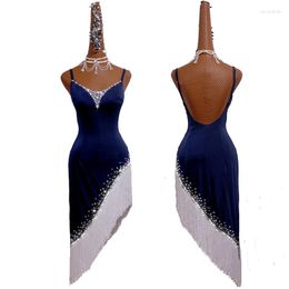 Stage Wear Summer Latin Dance Dress Competition Dresses Sexy Costumes Skirt Performing Adult Customise Children Blue Fringed Skirts