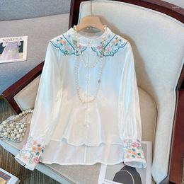 Women's Blouses Chinese Style Embroidered Women's Shirt Loose Cardigan 2023 Ethnic Retro Flower Top Long Sleeve Stand Collar White