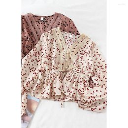 Women's Blouses V-neck Lace-up Tie Waist Boho Blusas Button Up Ladies Top Korean Style Women Chiffon Shirt Blouse Vintage Long Sleeve