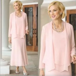 Blush Pink Sheath Mother Of The Bride Dresses With Long Sleeves Jacket Three Pieces Chiffon Ankle Length Women Formal Party Groom Mother's Dress For Wedding CL188