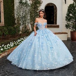 Sky Blue Ball Gown Quinceanera Dresses Vestidos De 15 Anos Party Crystal 3D Flower Cinderella 16 Birthday Princess Gowns