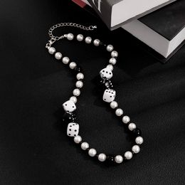 Beaded Necklaces Punk Lucky Dice White Black Beads Choker Necklace Men Trendy Short Pearl Chain 2023 Fashion Jewelry Neck Collar 230613