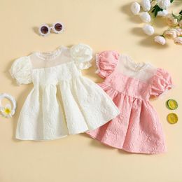 Girl Dresses 0-5Y Toddler Girls Summer Dress Embossed Floral Short Puff Sleeve Ruffle Collar Mesh