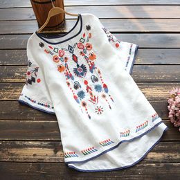 Women's Blouses Women National Style Retro Embroidery Round Neck Cotton Linen Loose Short Sleeved T Shirt Summer Clothes