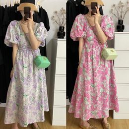 Casual Dresses French Style Square Collar Three-dimensional Relief Oil Painting Flower High Waist Backless Design Bubble Sleeve Dress