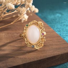 Cluster Rings White Jade Flower Charm Vintage Gemstone Talismans Women Jewellery Real Natural 925 Silver Adjustable Ring Chinese Gifts