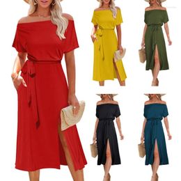Casual Dresses Womens Summer Short Sleeve Off Shoulder Belted Midi Long Dress With Pockets Solid Colour Sexy Side Split A-Line